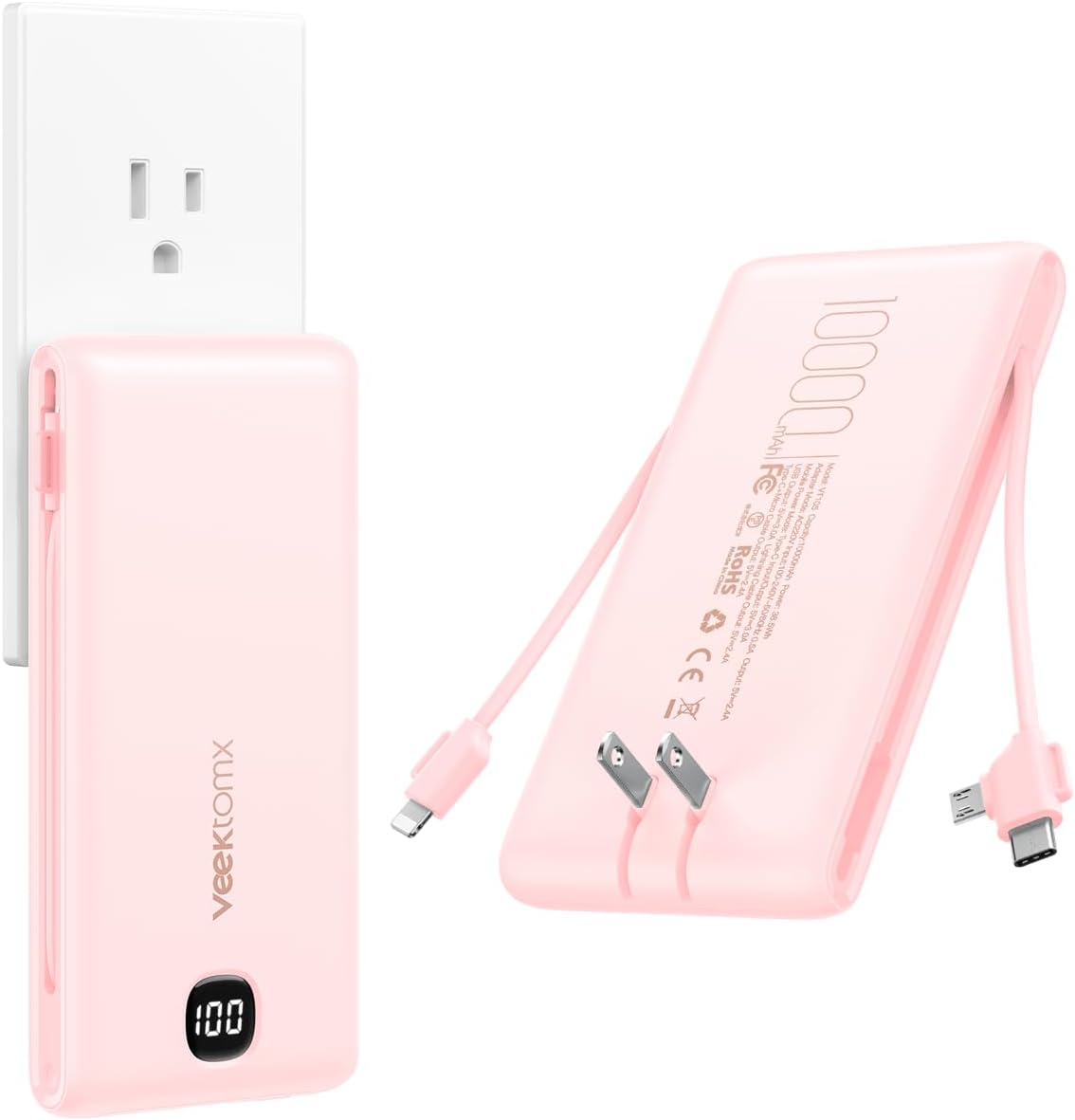 Cargador portátil VEEKTOMX de 10000 mAh con cables integrados y enc...