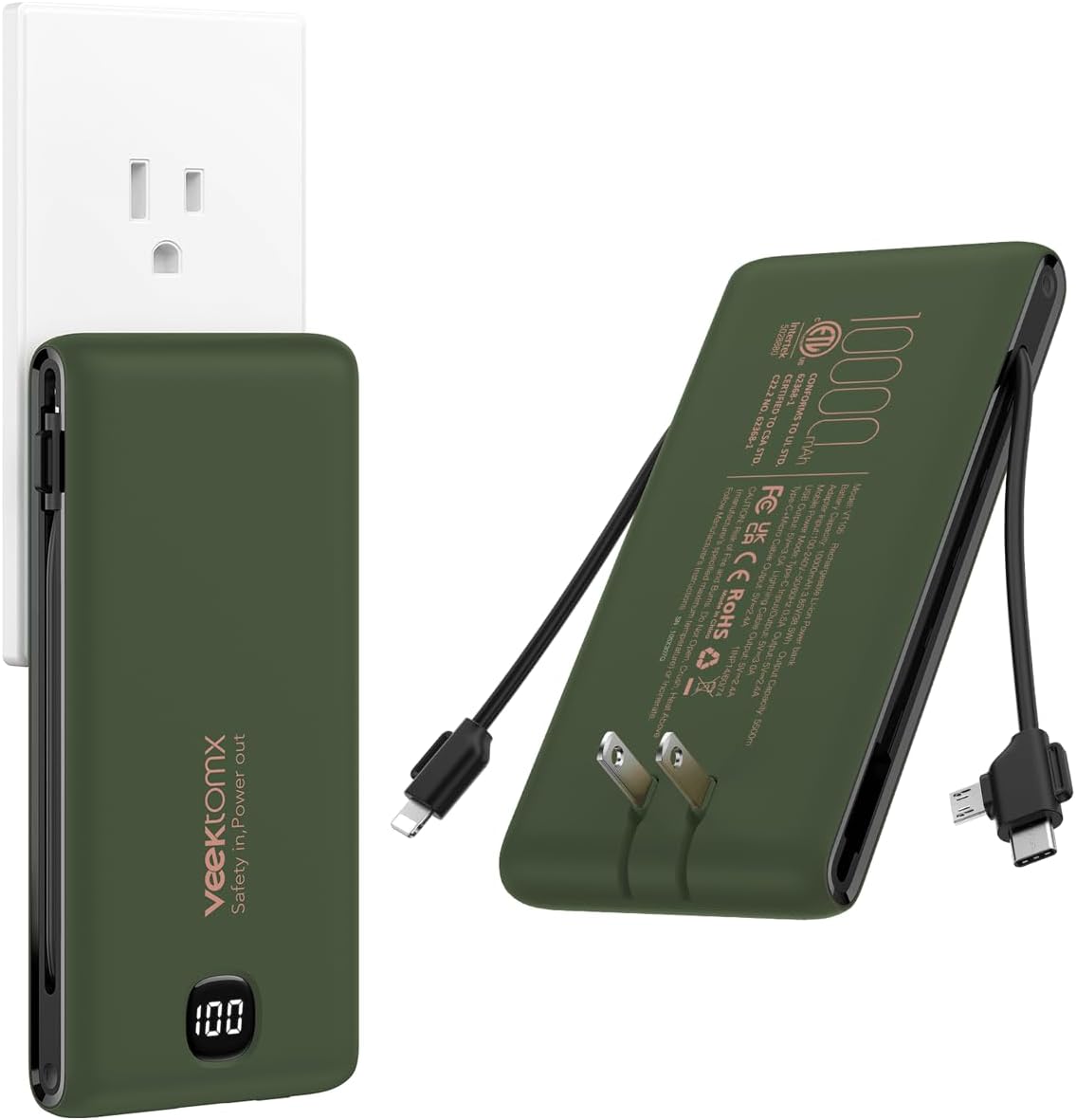 Cargador portátil VEEKTOMX de 10000 mAh con cables integrados y enc...