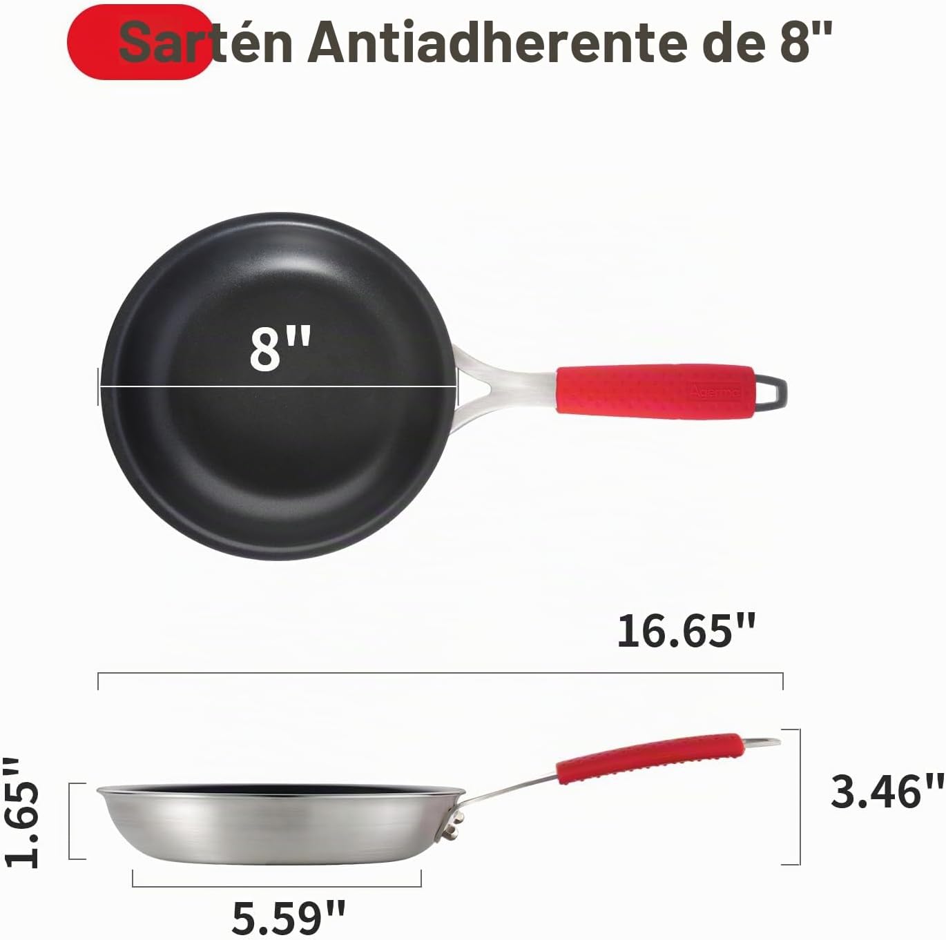 Agerma Sartén antiadherente de 8 pulgadas, sartén de acero inoxidab...