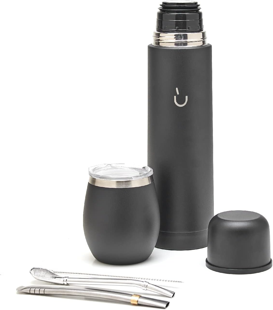 BALIBETOV Juego completo de yerba mate – Calabaza mate moderna, frasco térmico, bombilla y cepillo de limpieza incluidos, acero inoxidable 304 18/8 de alta calidad (negro completo)