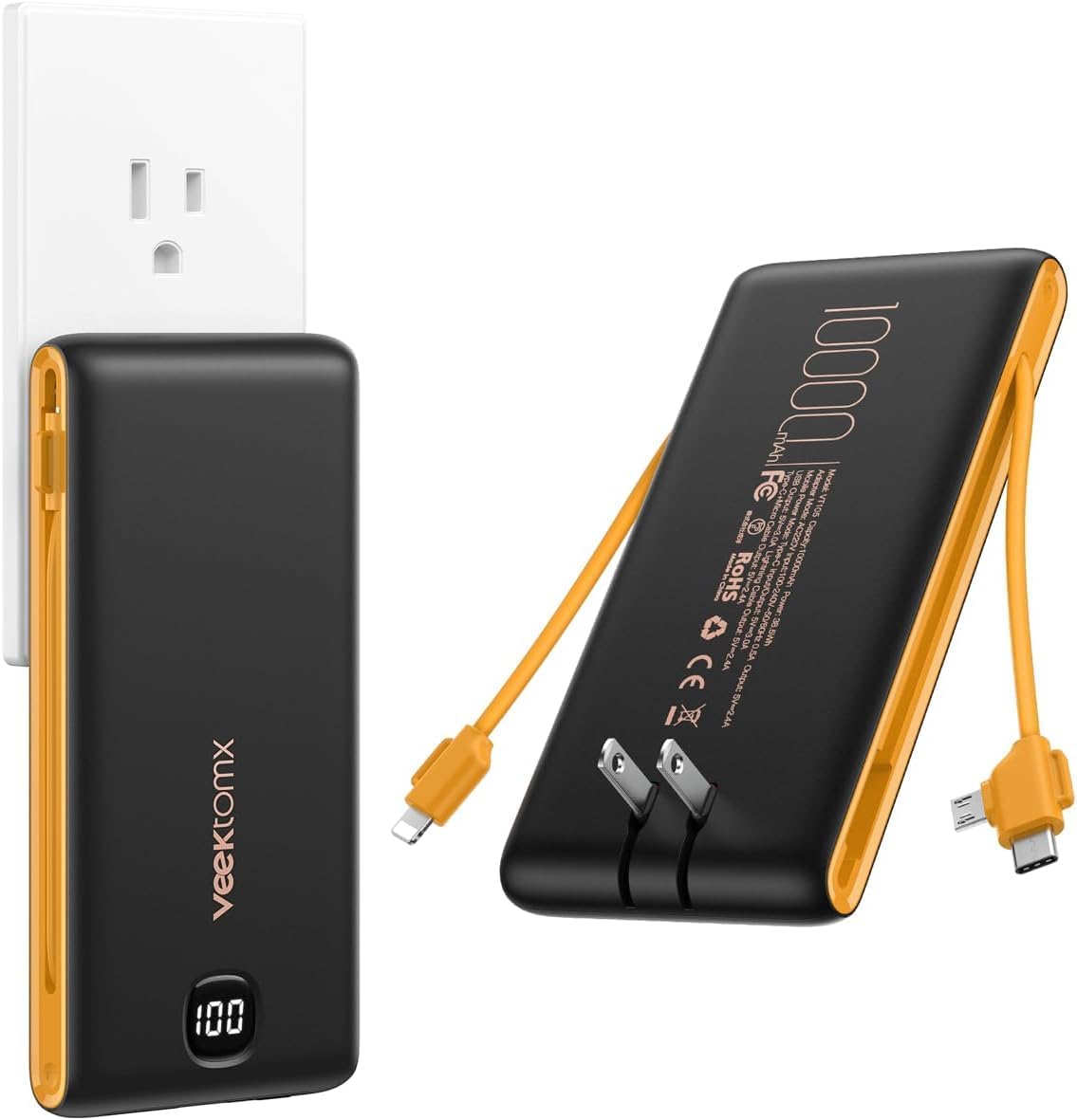 Cargador portátil VEEKTOMX de 10000 mAh con cables integrados y enc...
