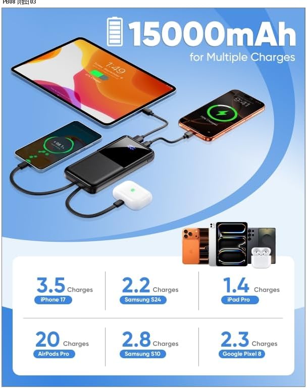 CFIAI Cargador portátil 15000mAh Slim Power Bank con cables integra...
