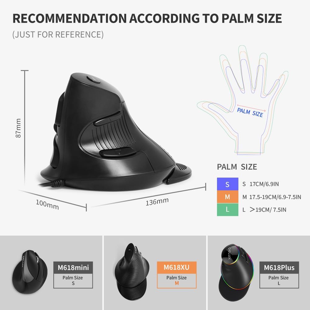 DELUX Ratón vertical ergonómico con cable, para manos medianas | Re...