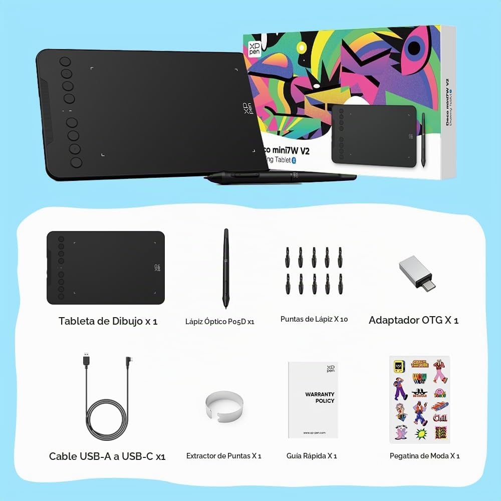 XPPen Deco mini7W V2 Tableta de dibujo inalámbrica, 16384 niveles d...