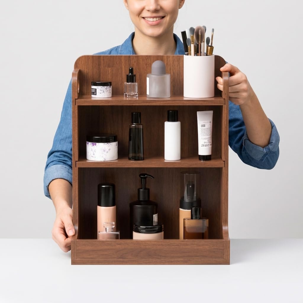 Estante de tocador para encimera organizador de baño de madera maci...