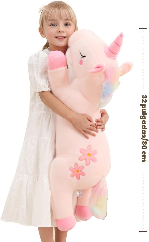 Peluche de unicornio rosa gigante lindo de 32 pulgadas, almohada de...