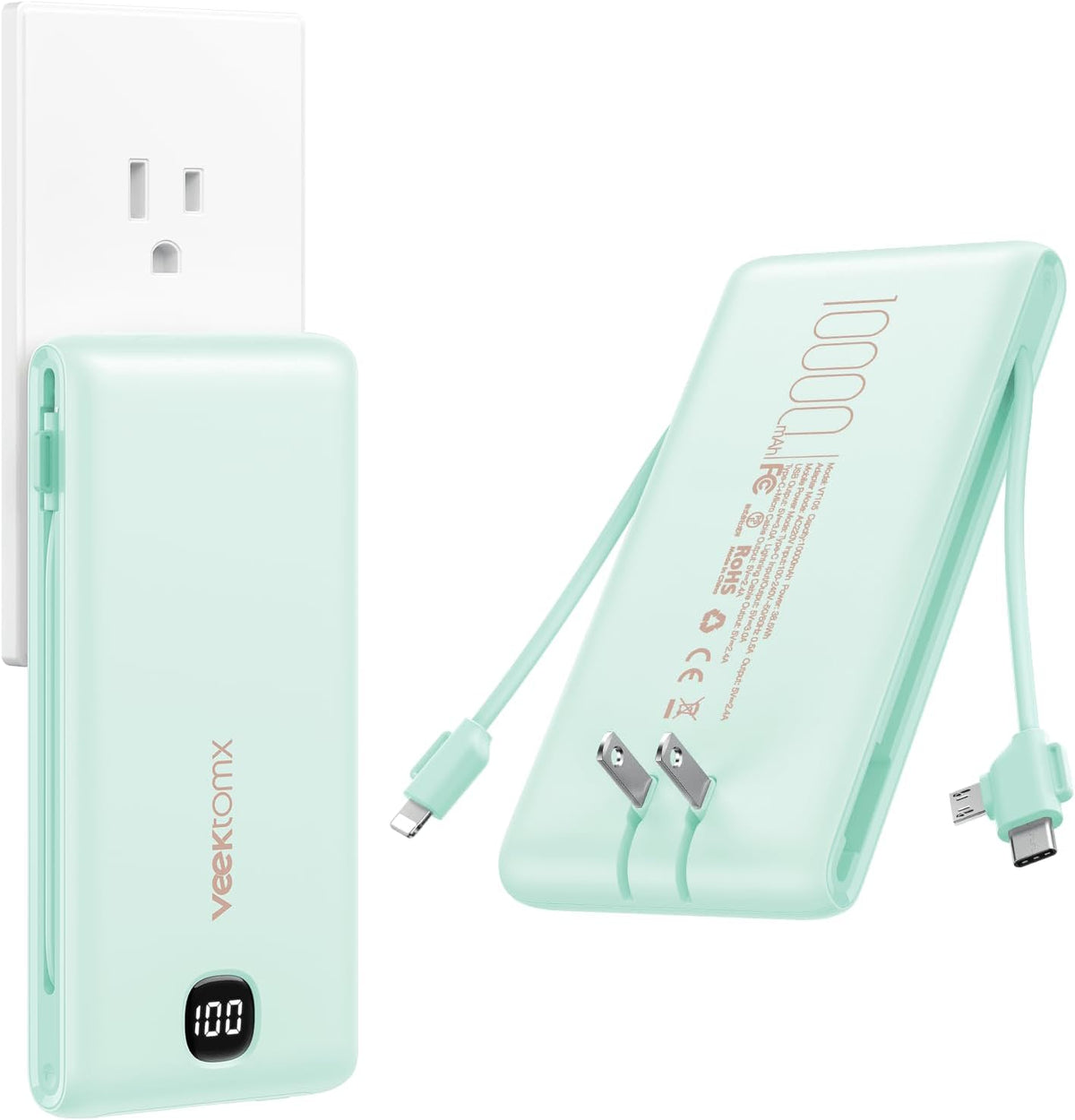 Cargador portátil VEEKTOMX de 10000 mAh con cables integrados y enc...