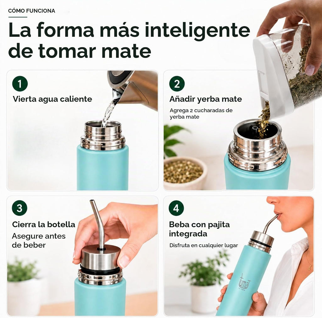 TUMA TU MATE Kit completo de yerba mate, botella térmica AutoMate de doble tapa, taza mate y bombilla, 25.4 fl oz de acero inoxidable de doble pared, bolsa de lona, contenedor Yerbero y calentador