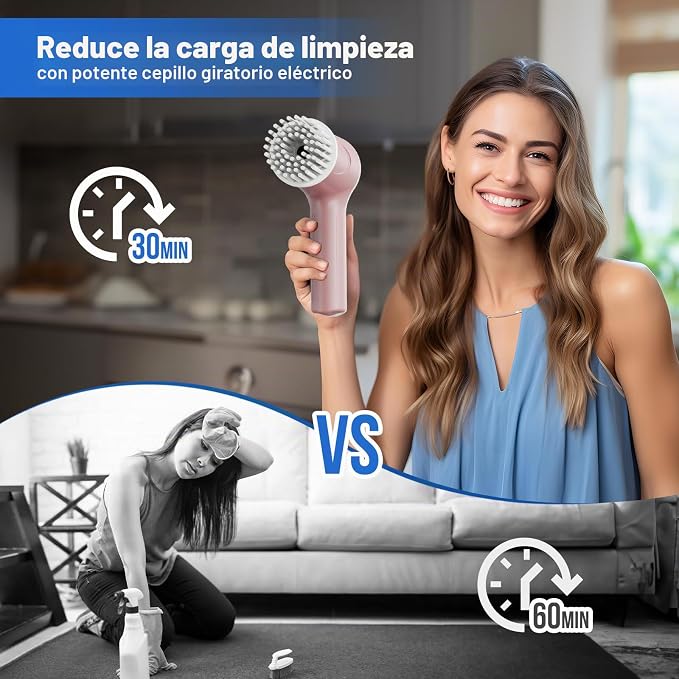 PUFTEM Cepillo Eléctrico Giratorio, Cepillo de Ducha Inalámbrico con Pantalla de Nivel de Batería, Cepillo Eléctrico de 2 Velocidades para Limpieza con 6 Cabezales Reemplazables, Cepillo de Limpieza