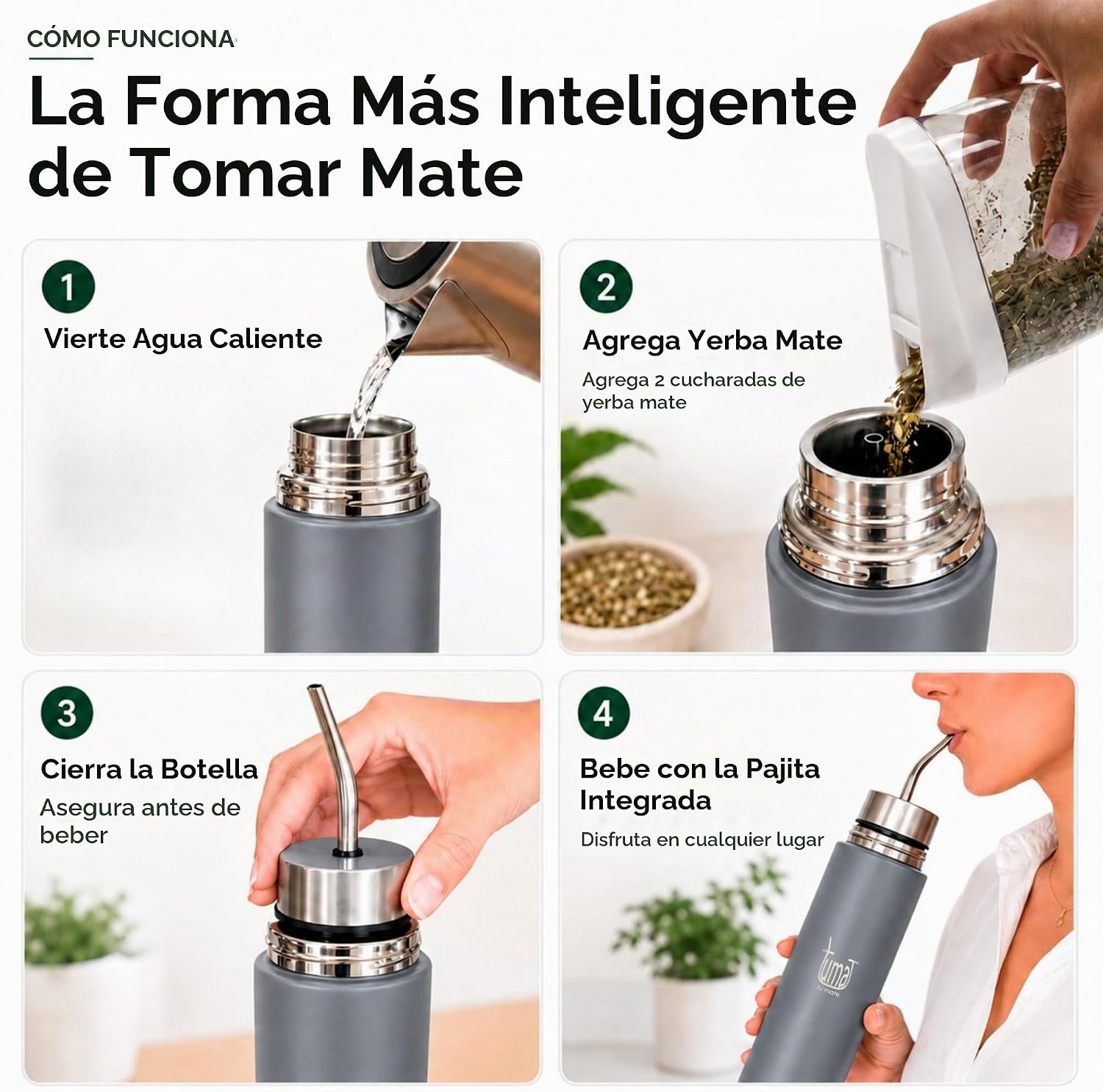 TUMA TU MATE Kit completo de yerba mate, botella térmica AutoMate de doble tapa, taza mate y bombilla, 25.4 fl oz de acero inoxidable de doble pared, bolsa de lona, contenedor Yerbero y calentador