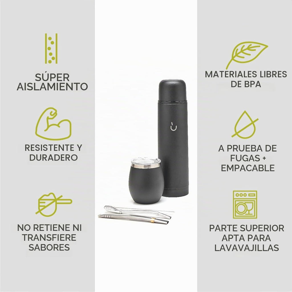 BALIBETOV Juego completo de yerba mate – Calabaza mate moderna, frasco térmico, bombilla y cepillo de limpieza incluidos, acero inoxidable 304 18/8 de alta calidad (negro completo)