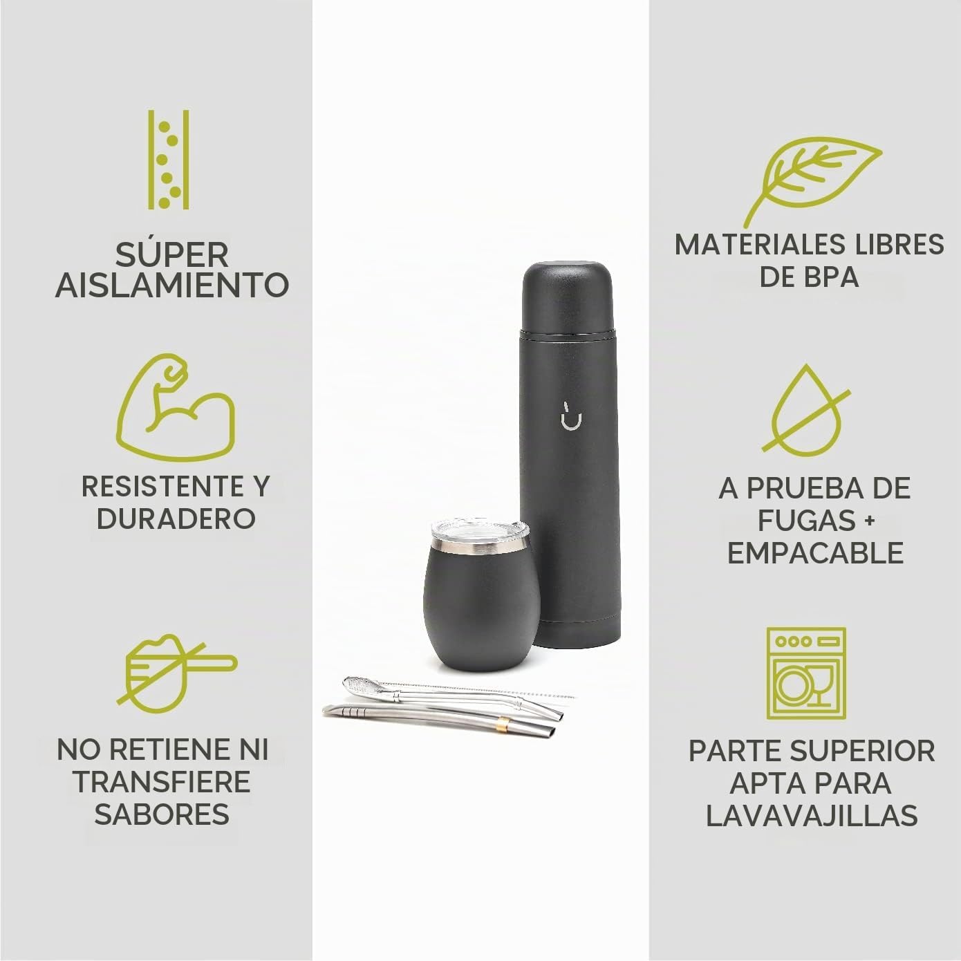 BALIBETOV Juego completo de yerba mate – Calabaza mate moderna, frasco térmico, bombilla y cepillo de limpieza incluidos, acero inoxidable 304 18/8 de alta calidad (negro completo)