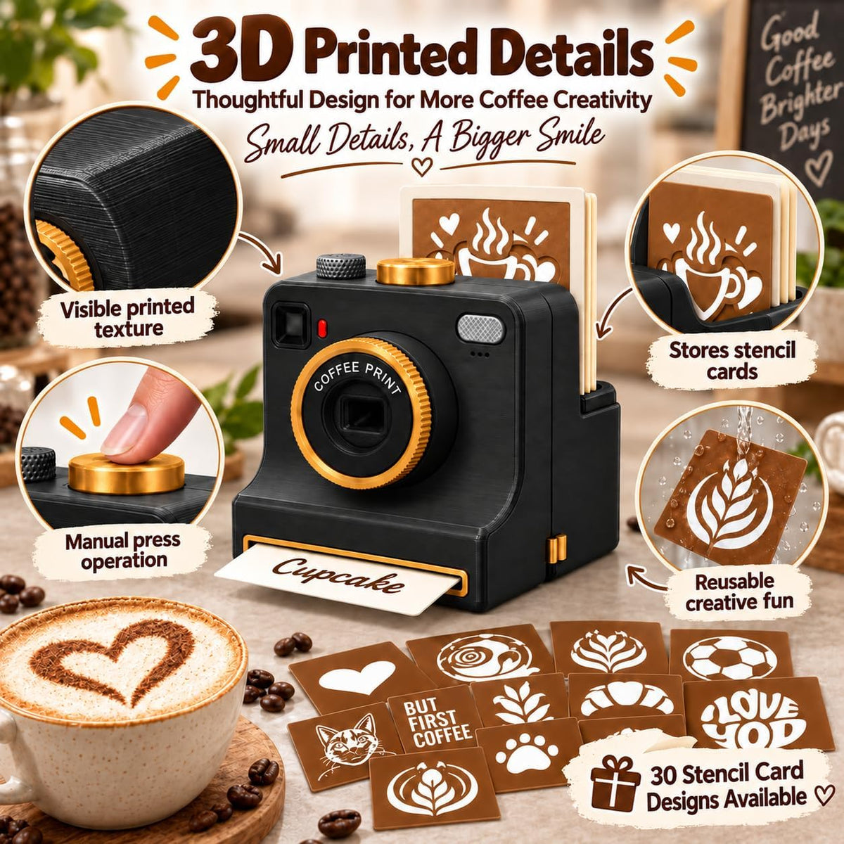 Cámara de arte latte impresa en 3D, impresora manual de café en pol...