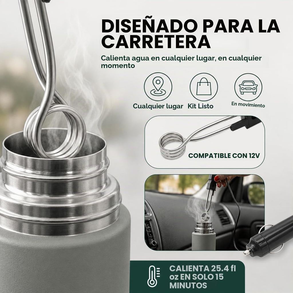 Kit completo de yerba mate – Incluye taza mate, popote (Bombilla), termo de 25.4 fl oz, bolsa y dos regalos (contenedor de yerbero y calentador de inmersión para automóvil)
