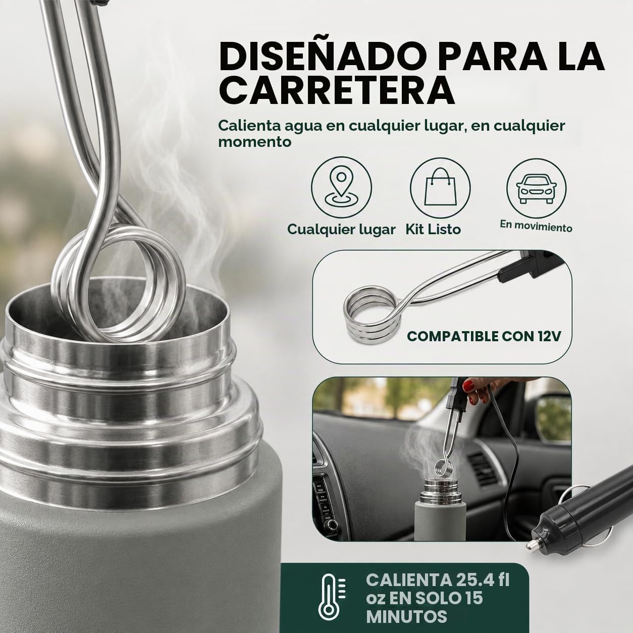 Kit completo de yerba mate – Incluye taza mate, popote (Bombilla), termo de 25.4 fl oz, bolsa y dos regalos (contenedor de yerbero y calentador de inmersión para automóvil)