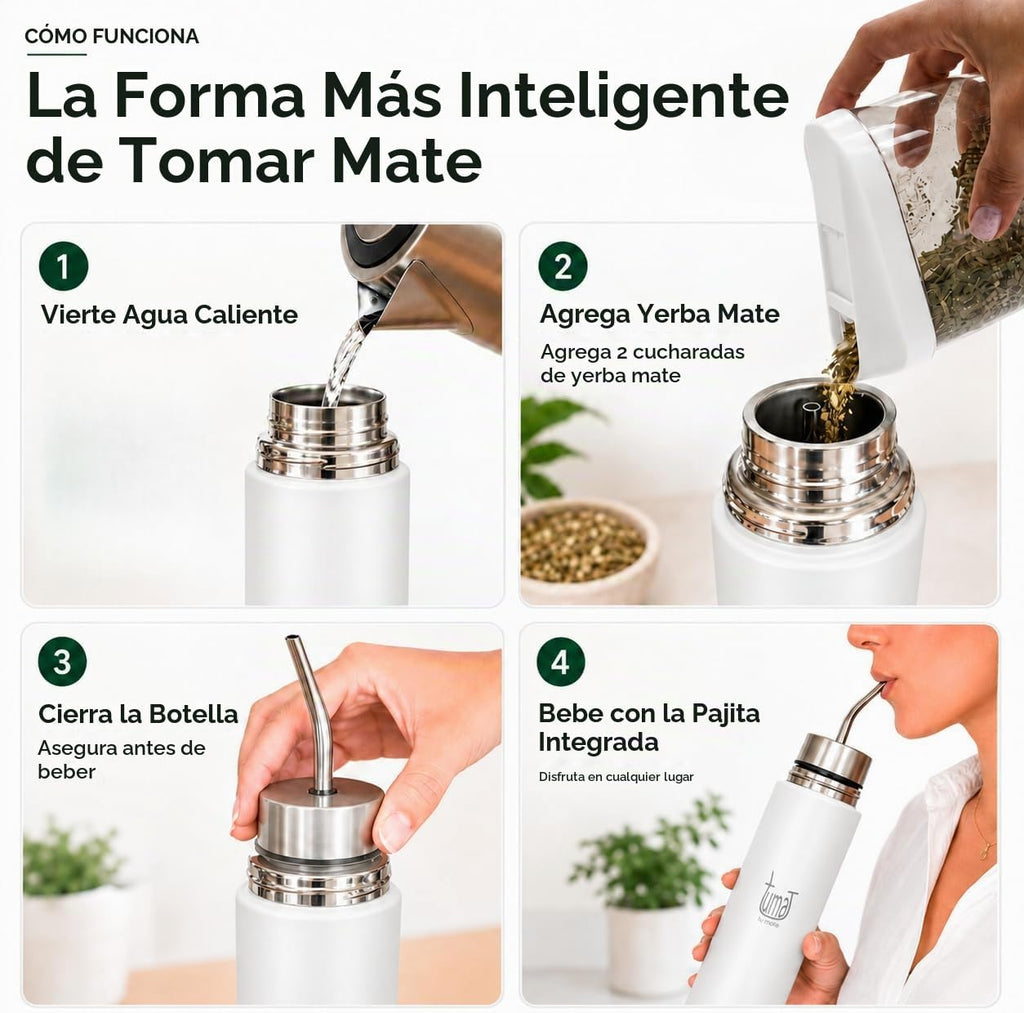 TUMA TU MATE Kit completo de yerba mate, botella térmica AutoMate de doble tapa, taza mate y bombilla, 25.4 fl oz de acero inoxidable de doble pared, bolsa de lona, contenedor Yerbero y calentador