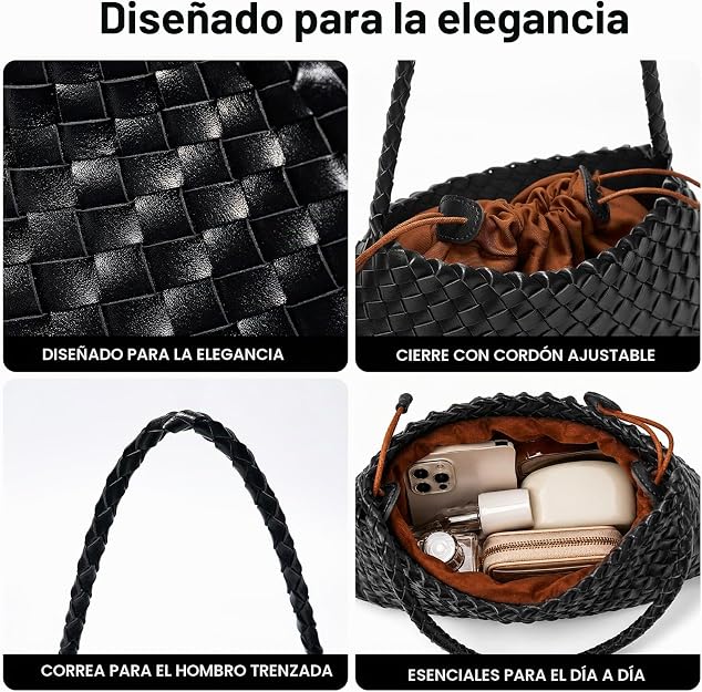 olso pequeño tejido para mujer, bolso de hombro de piel vegana, bolsa de mano holgada con bolsa interior con cordón, bolso para las axilas