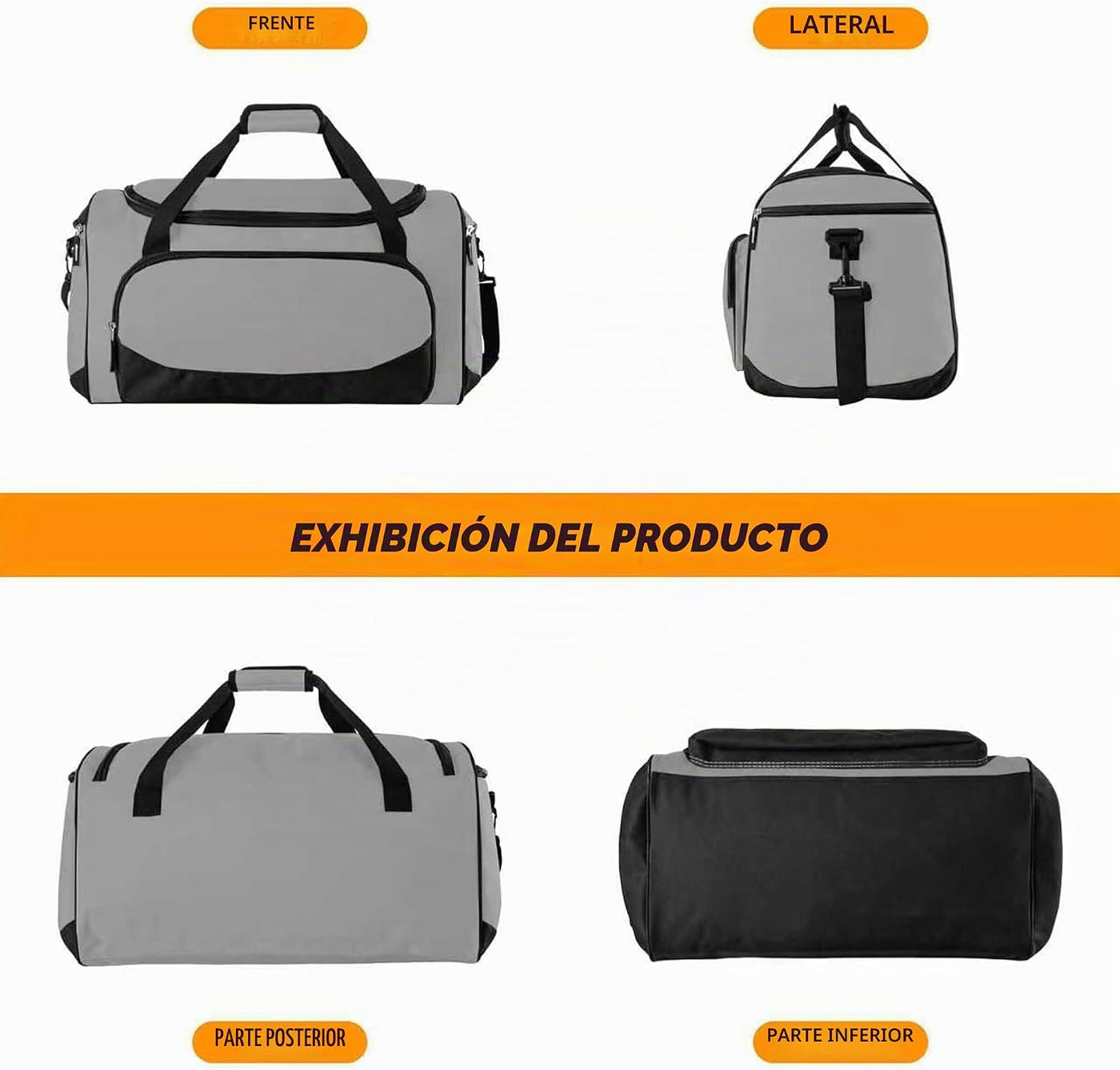 Bolsa de gimnasio, 55 L, duradera, grande, para viajes, entrenamiento, fitness y deporte, Gris, Versátil, deportivo y chic