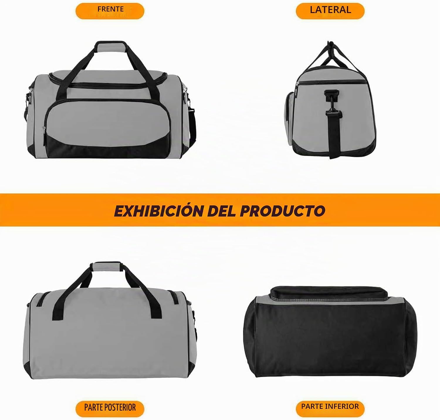 Bolsa de gimnasio, 55 L, duradera, grande, para viajes, entrenamiento, fitness y deporte, Gris, Versátil, deportivo y chic