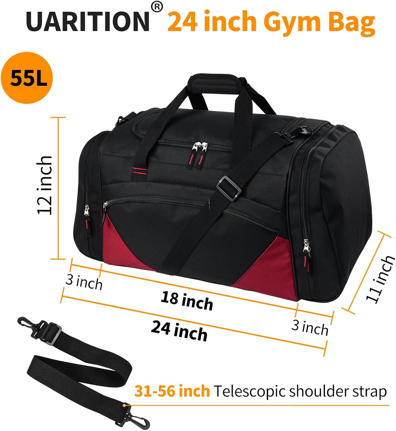 Bolsa de gimnasio, 21 pulgadas, grande, para viajes y deportes, negro rojo