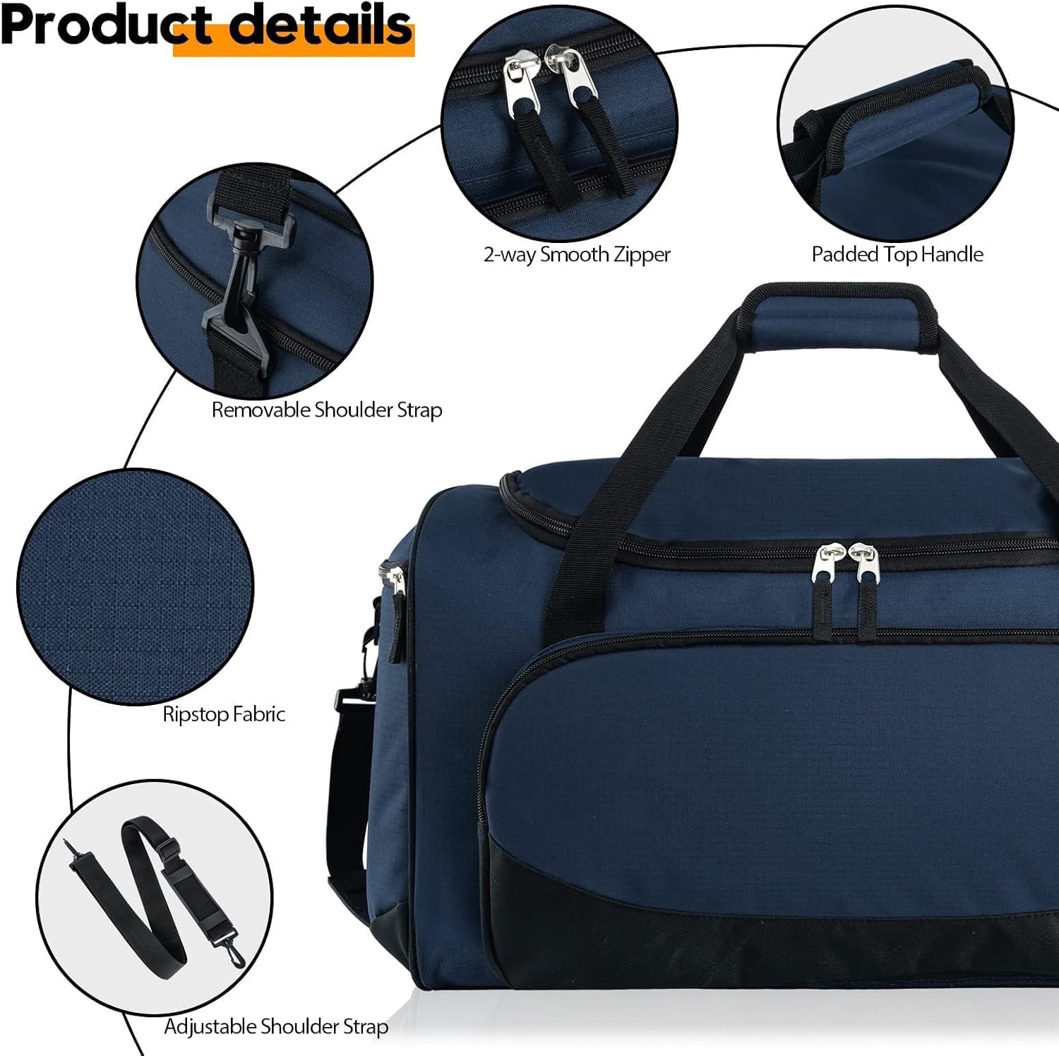 Bolsa de gimnasio, 21 pulgadas, grande, para viajes y deportes, Azul marino