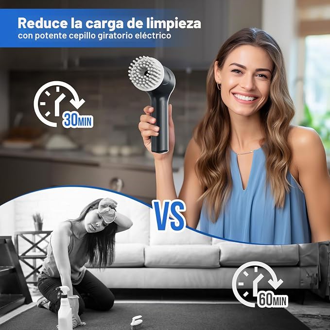 PUFTEM estropajo eléctrico giratorio, estropajo de ducha inalámbrico con pantalla de nivel de batería, estropajo eléctrico de 2 velocidades para limpieza con 6 cabezales reemplazables