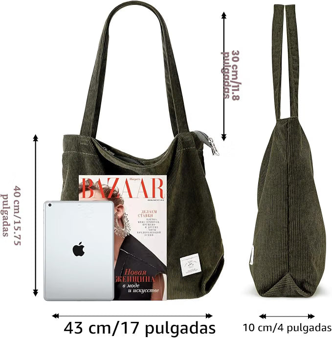KALIDI Bolsa Tote de Pana con Cremallera Bolsa de Mano Casual Tote Bolsa de Hombro de Gran Capacidad con Bolsillos