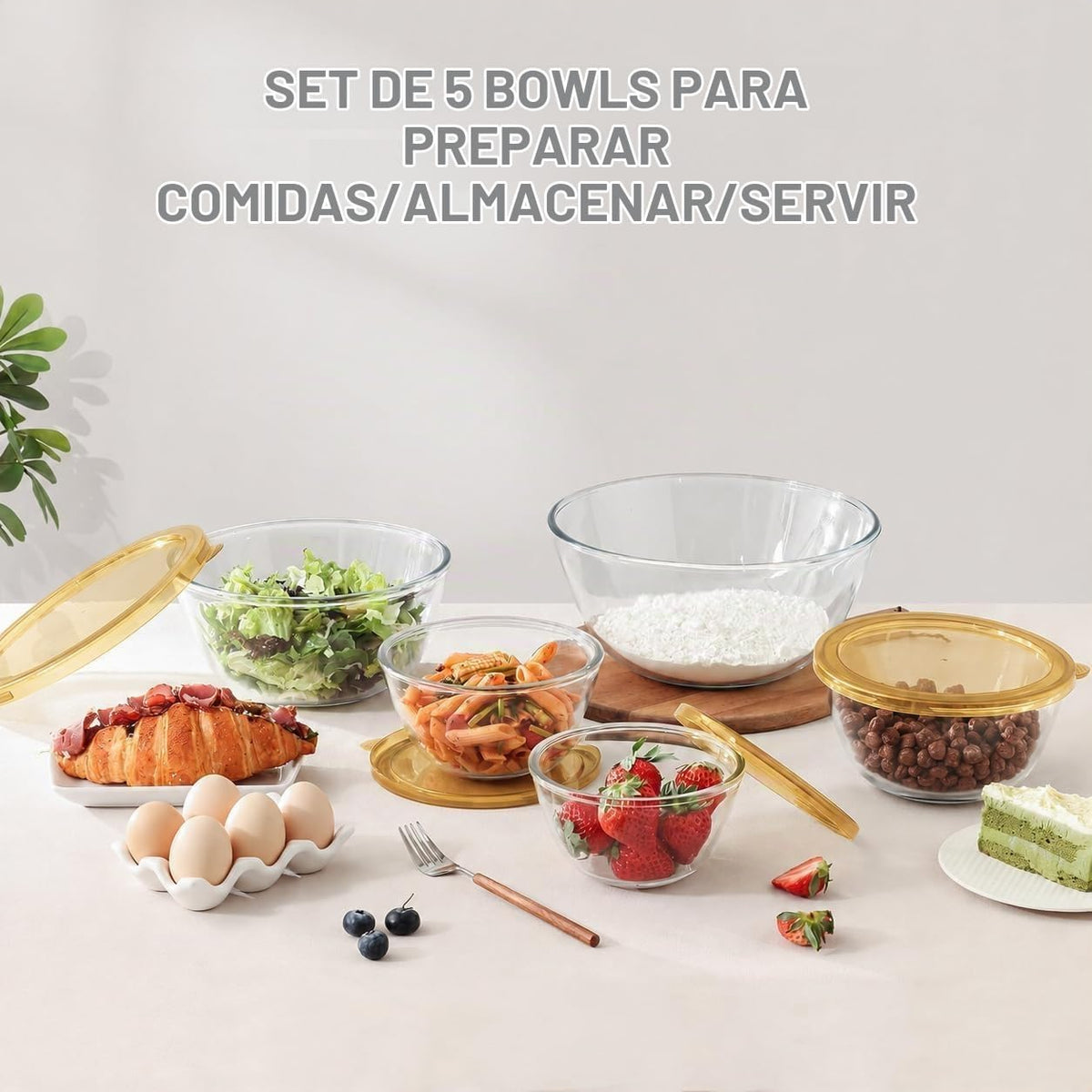 Cuiselct - Juego de 5 cuencos de vidrio para mezclar con tapas, jue...
