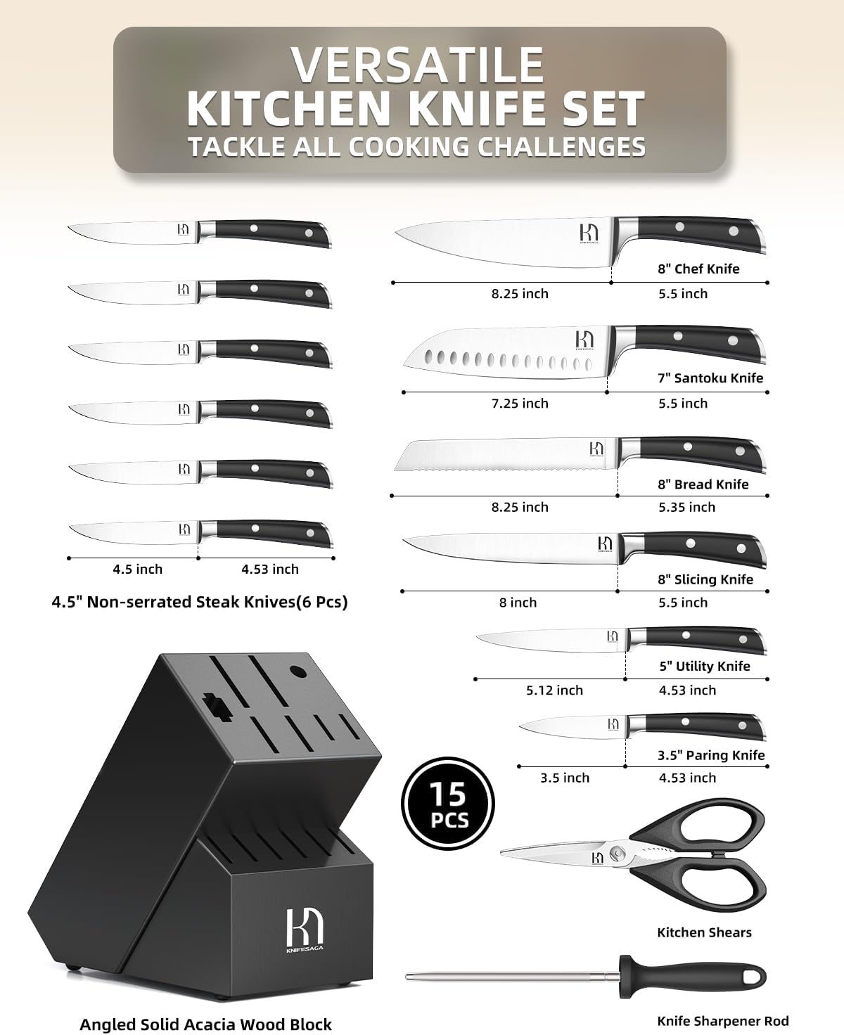 KnifeSaga - Juego de bloques de cuchillos de 15 piezas con afilador...