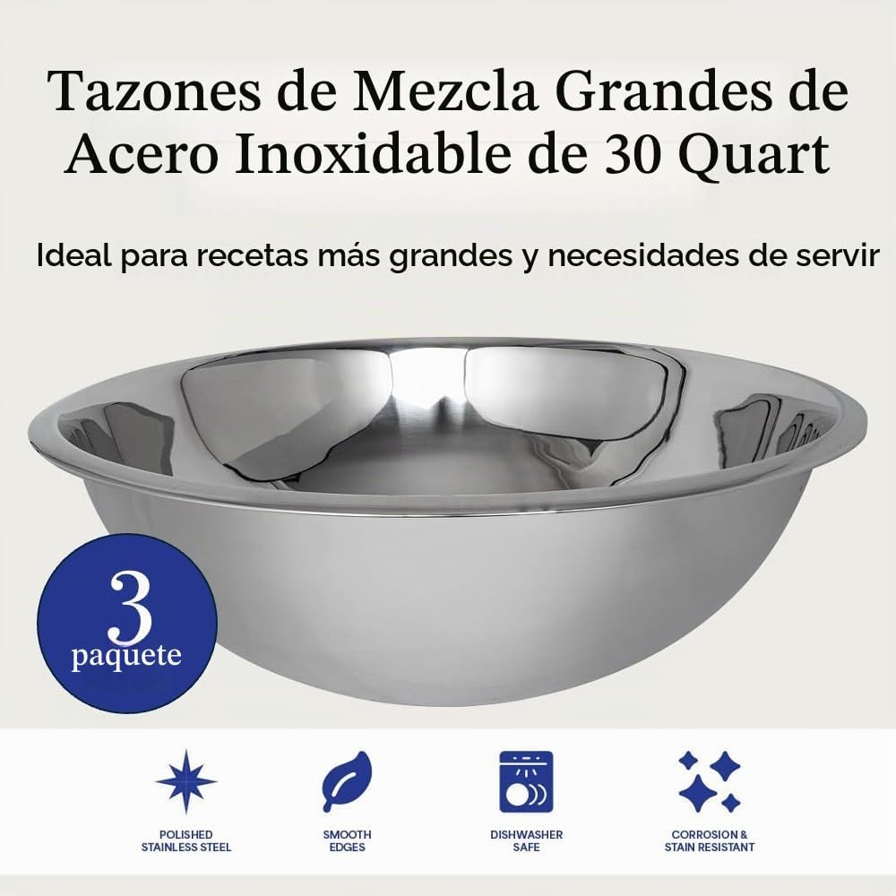 Juego de cuencos grandes de acero inoxidable de 30 cuartos de galón...