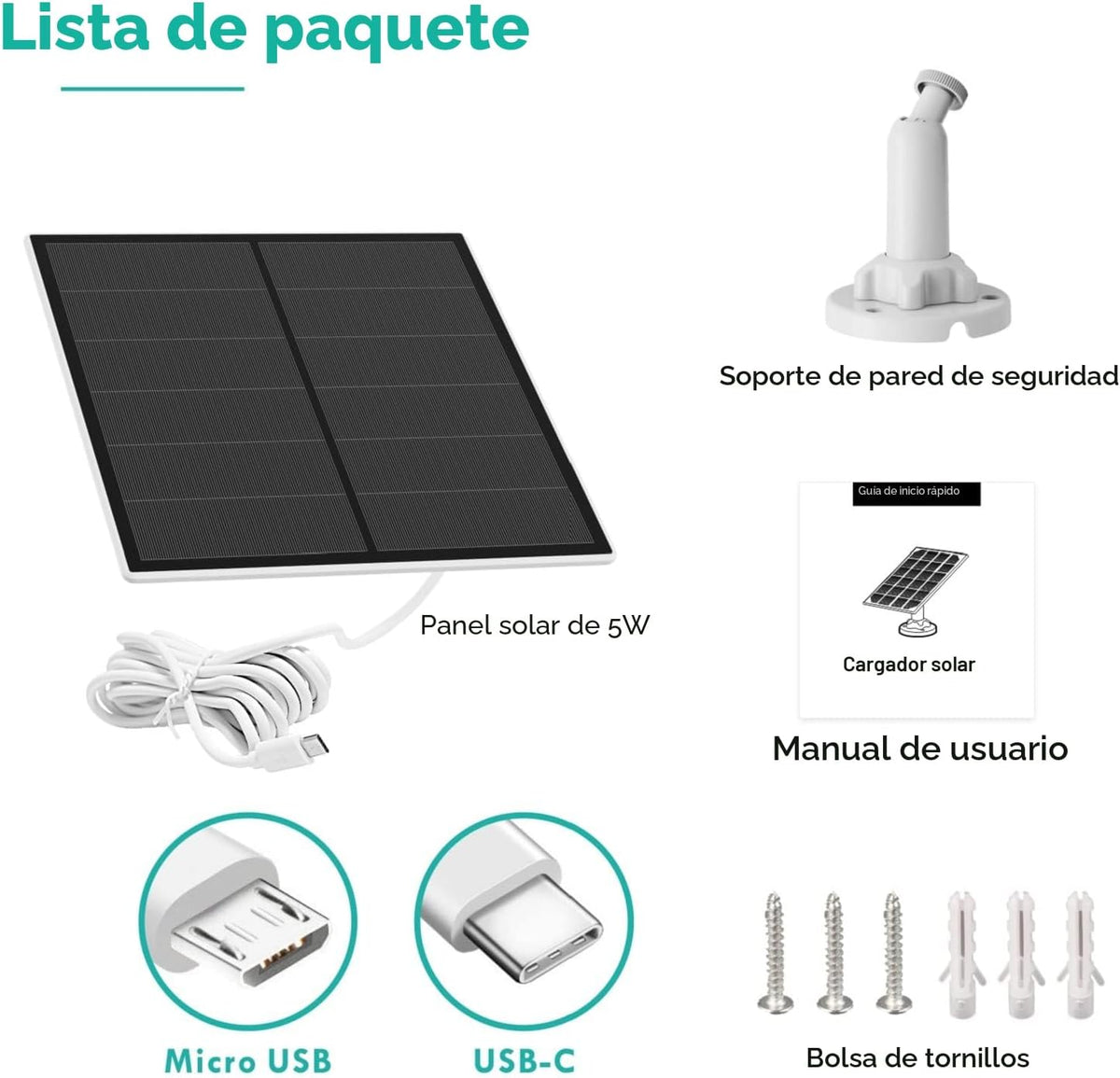 Panel solar para cámara de seguridad, panel solar USB de 5 W compat...
