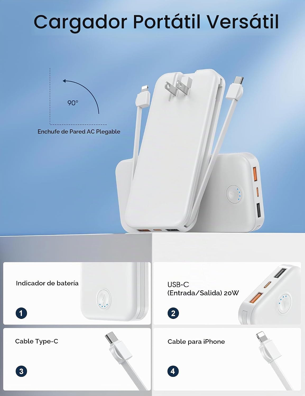 Nusyddy Cargador portátil 10000mAh de carga rápida w\/incorporado e...