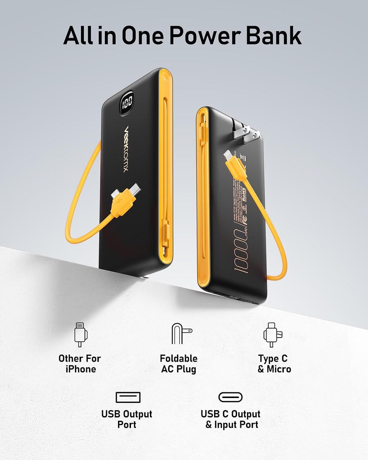 Cargador portátil VEEKTOMX de 10000 mAh con cables integrados y enc...