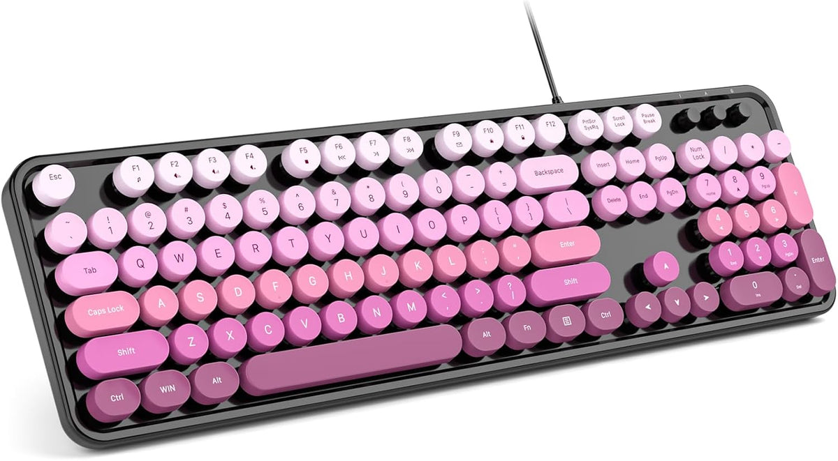 MOWUX - Teclado de computadora con cable, teclado USB retro redondo...
