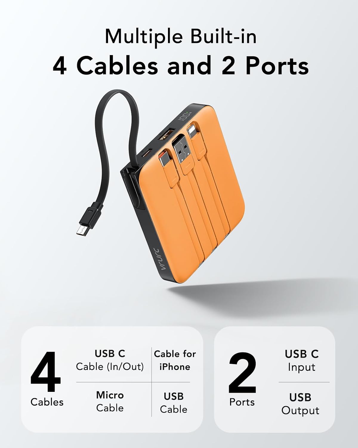 Cargador portátil cables incorporados, banco de energía de carga rá...