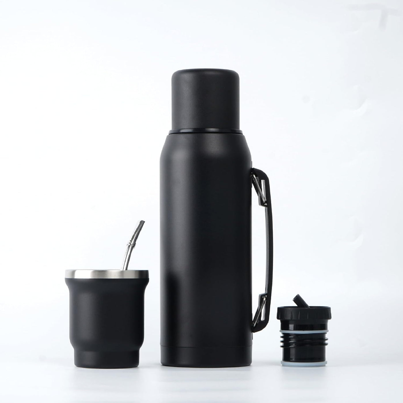 BALIBETOV Set Completo de Yerba Mate – Calabaza Mate Moderna (9 fl oz), Botella Térmica con 2 Boquillas (33.8 fl oz), 2 Pajitas Bombilla – Kit de Calidad Premium. Negro