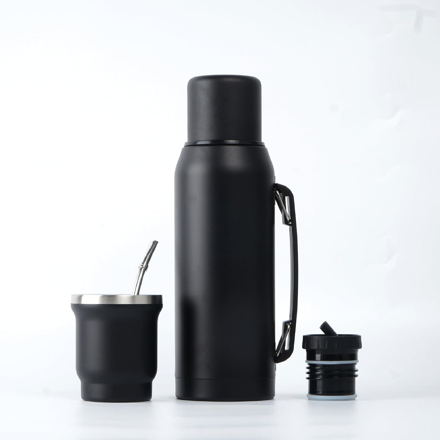 BALIBETOV Set Completo de Yerba Mate – Calabaza Mate Moderna (9 fl oz), Botella Térmica con 2 Boquillas (33.8 fl oz), 2 Pajitas Bombilla – Kit de Calidad Premium. Negro