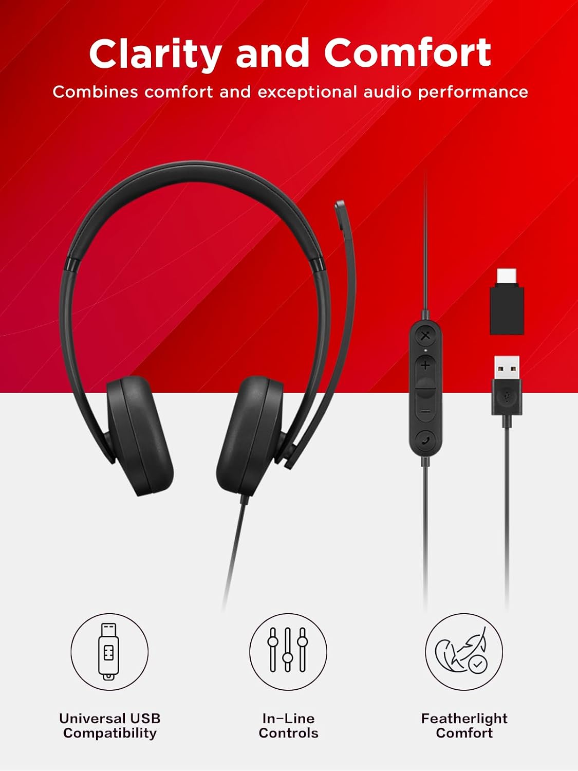 Lenovo 115 Auriculares con cable estéreo USB-A\/USB-C \u2013 Ligero...