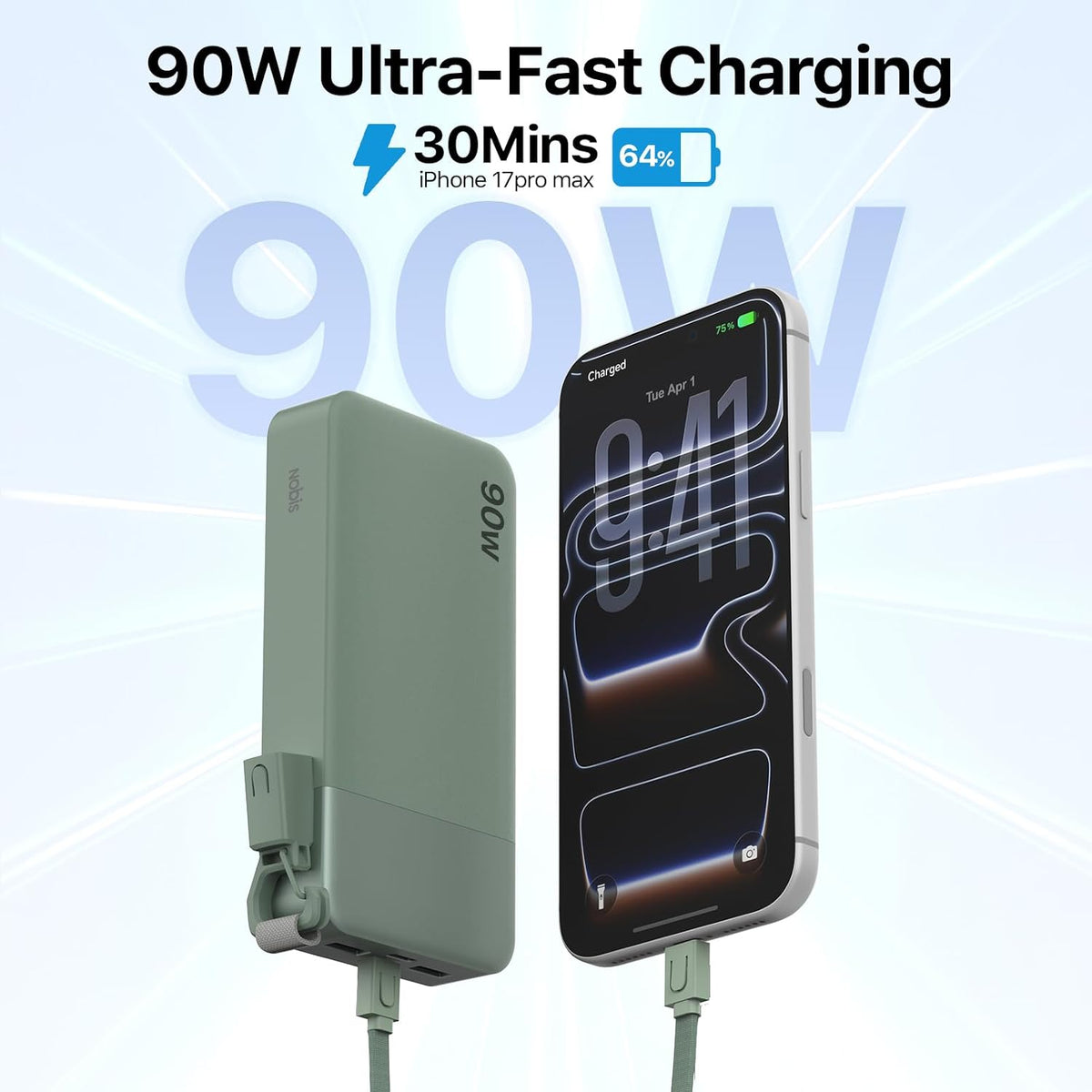 Cargador portátil NOBIS 20000mAh 90W Power Bank con cable desmontab...