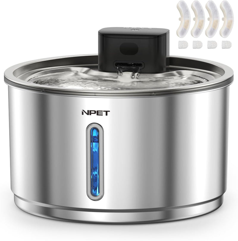 NPET Fuente de agua inalámbrica para gatos de acero inoxidable con...