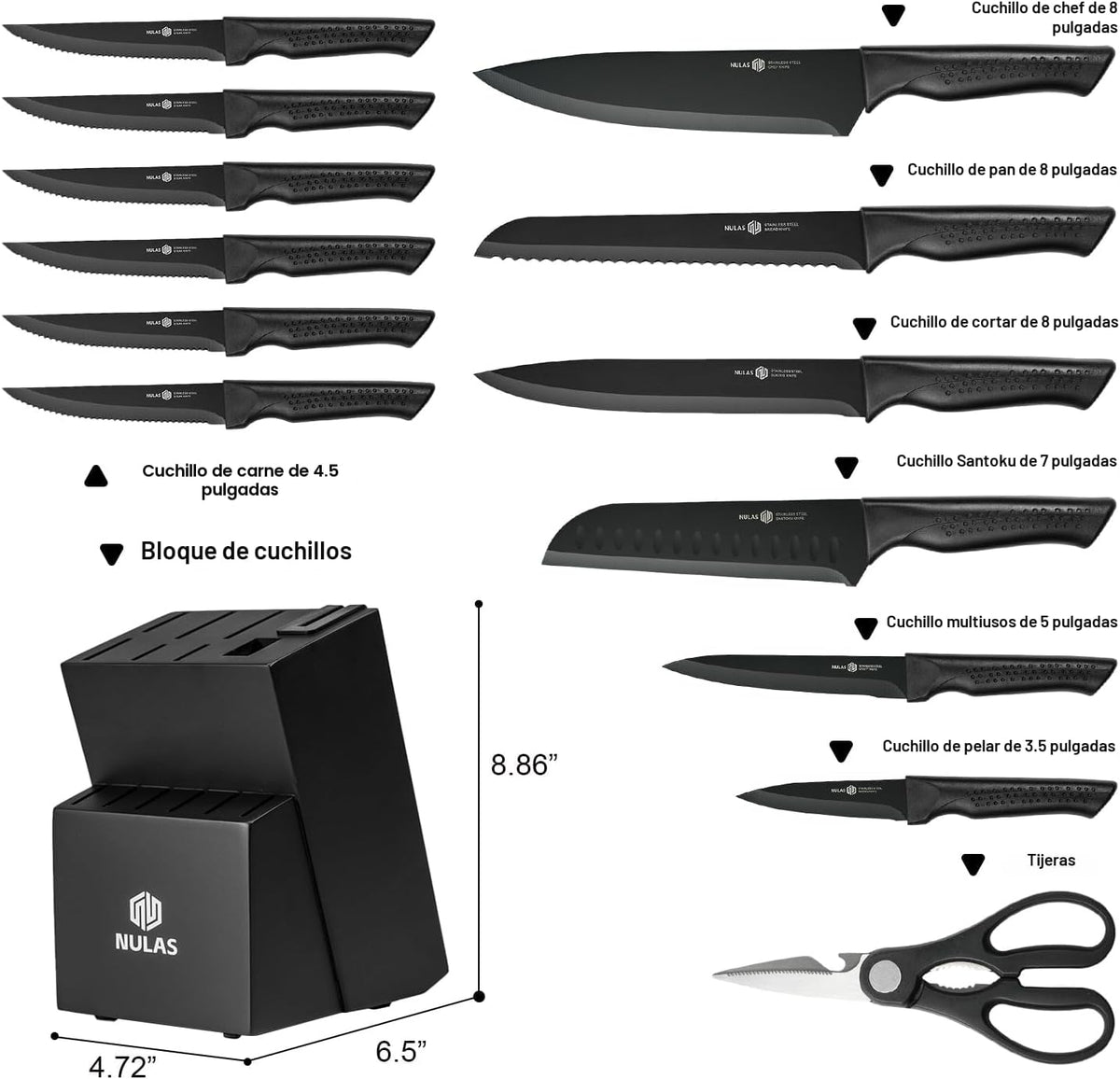 Juego de cuchillos de cocina de 15 piezas con bloque, afilador inte...
