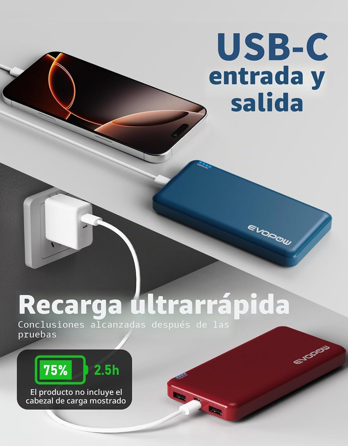 Evopow - Paquete de 2 cargadores portátiles, banco de energía de 10...