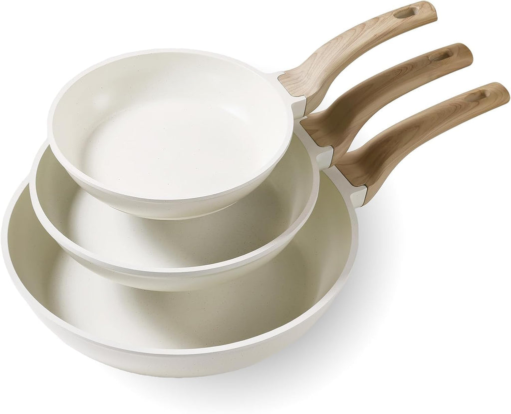 CAROTE Juego de 3 sartenes antiadherentes, color blanco crema | Sar...