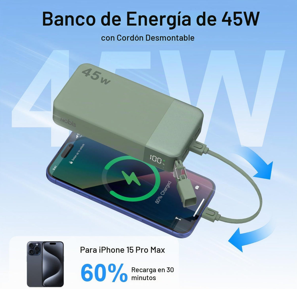 NOBIS Cargador portátil 20000mAh 45W Power Bank con cable desmontab...