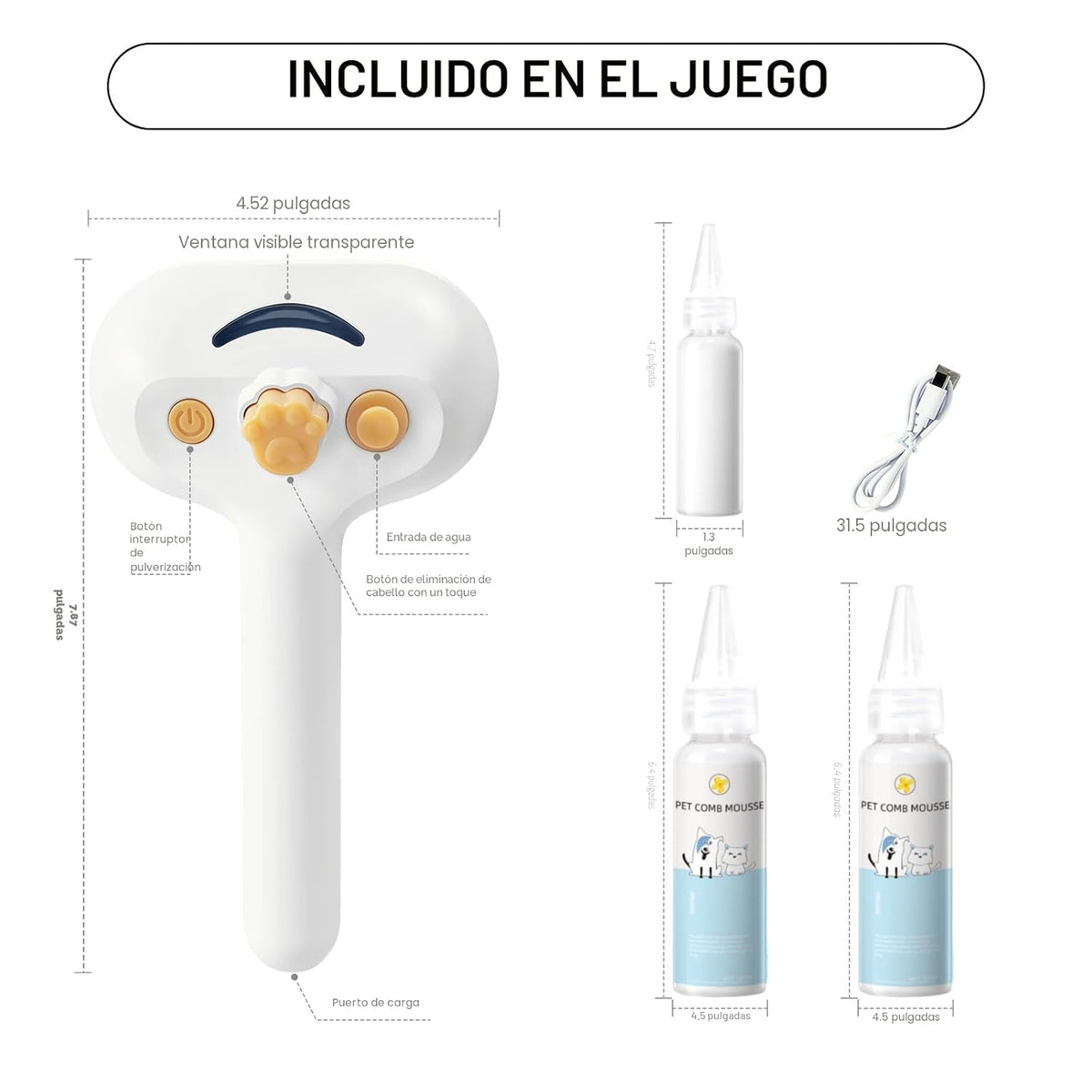 Cepillo de vapor para mascotas para perros y gatos, incluye 2 champ...