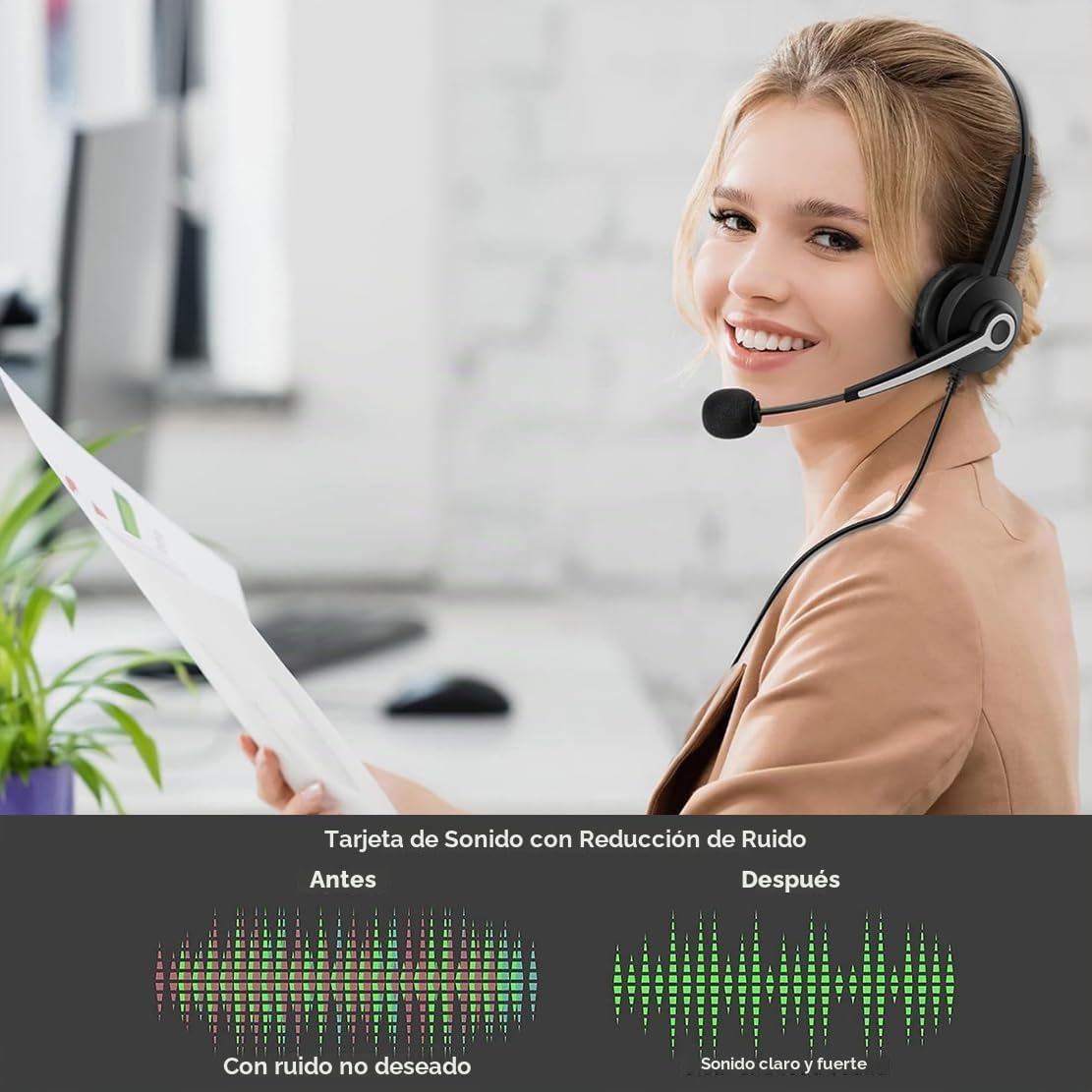 Wantek Auriculares USB con cable monoaural con micrófono de cancela...