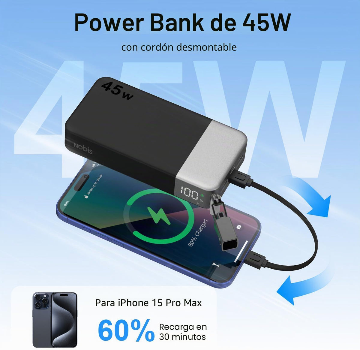 NOBIS Cargador portátil 20000mAh 45W Power Bank con cable desmontab...