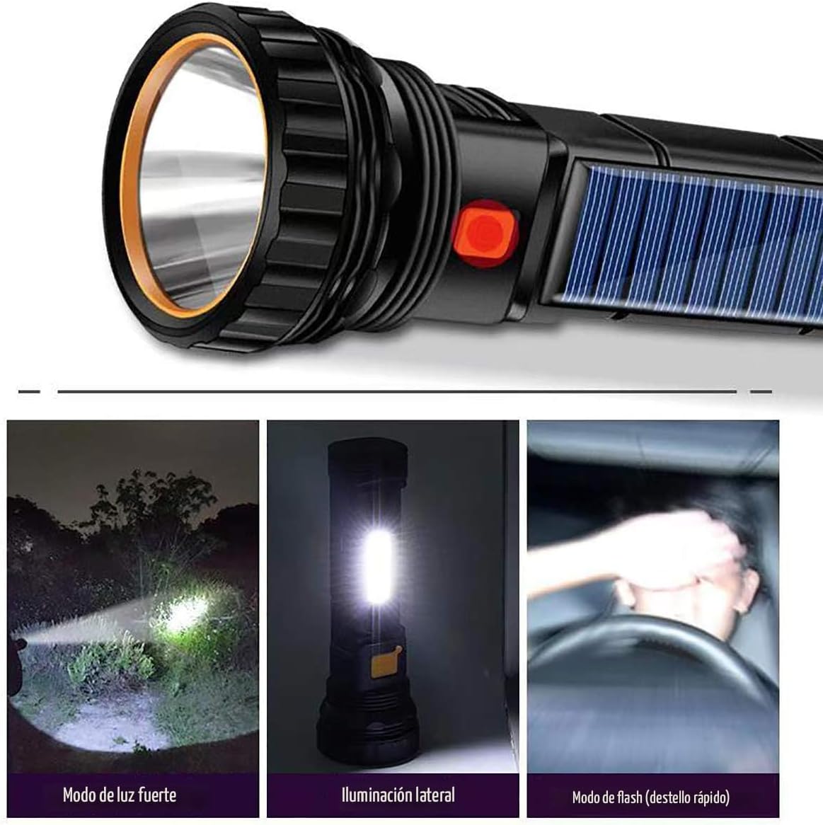 Linterna LED solar \/ recargable multifunción de 1000 lúmenes, con...