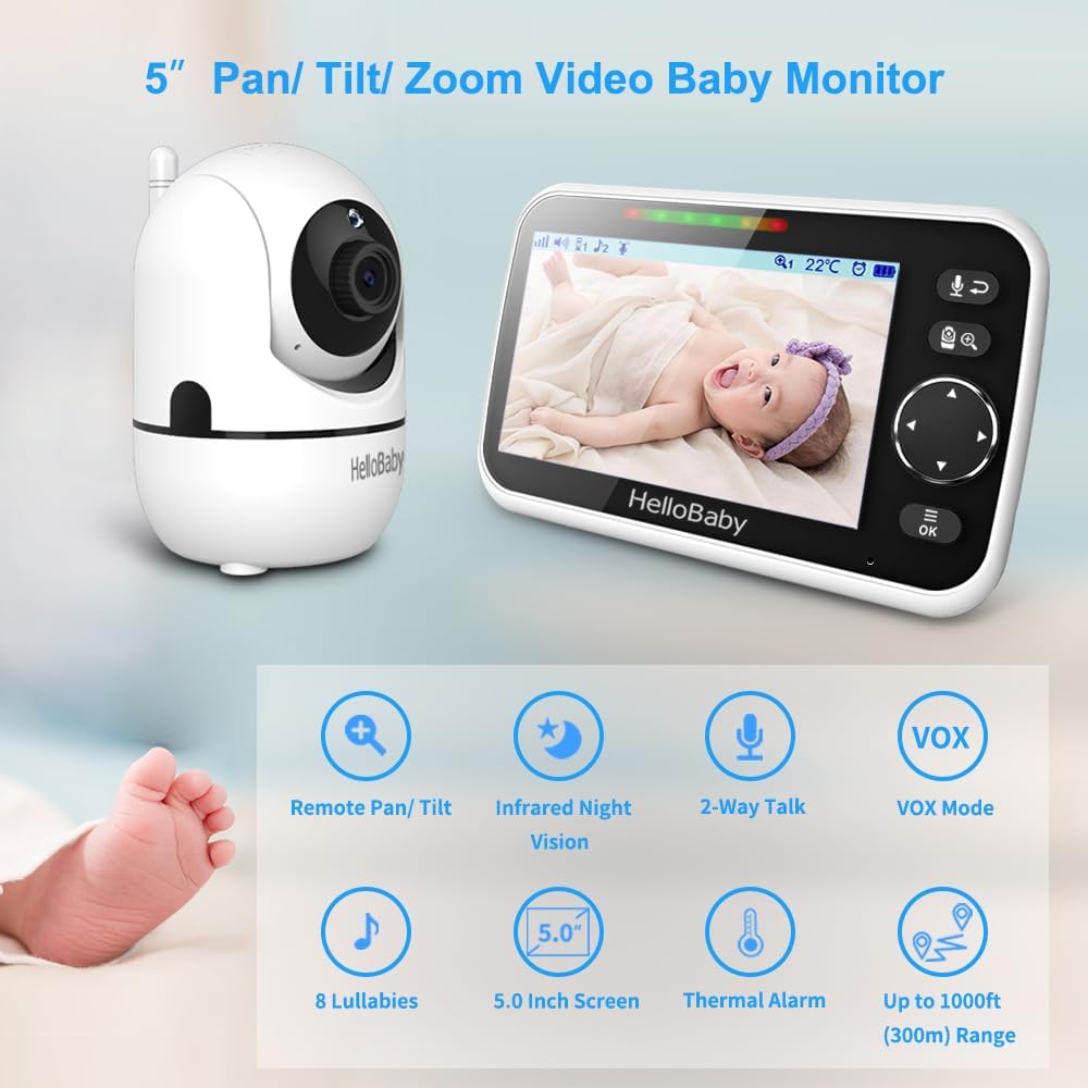HelloBaby Monitor de bebé sin WiFi, pantalla de 5 pulgadas, batería...