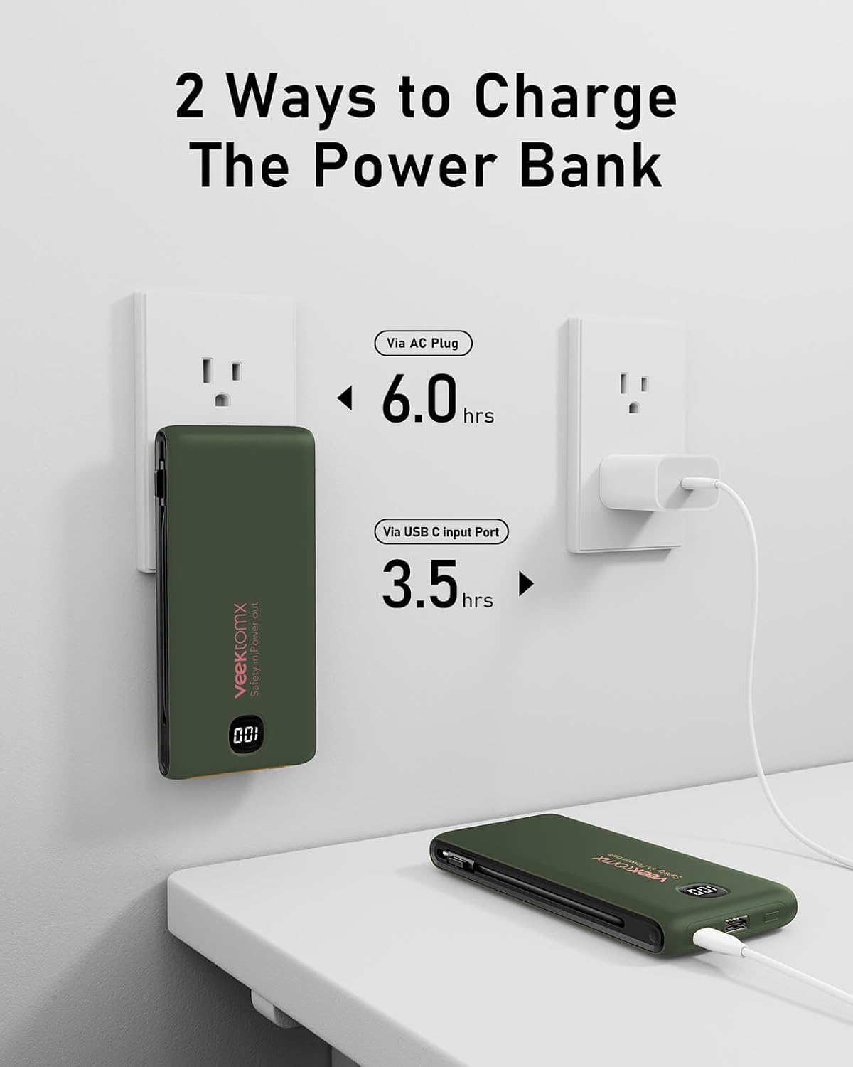 Cargador portátil VEEKTOMX de 10000 mAh con cables integrados y enc...